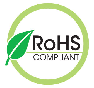 A green leaf in the middle of a circle with the words rohs compliant.